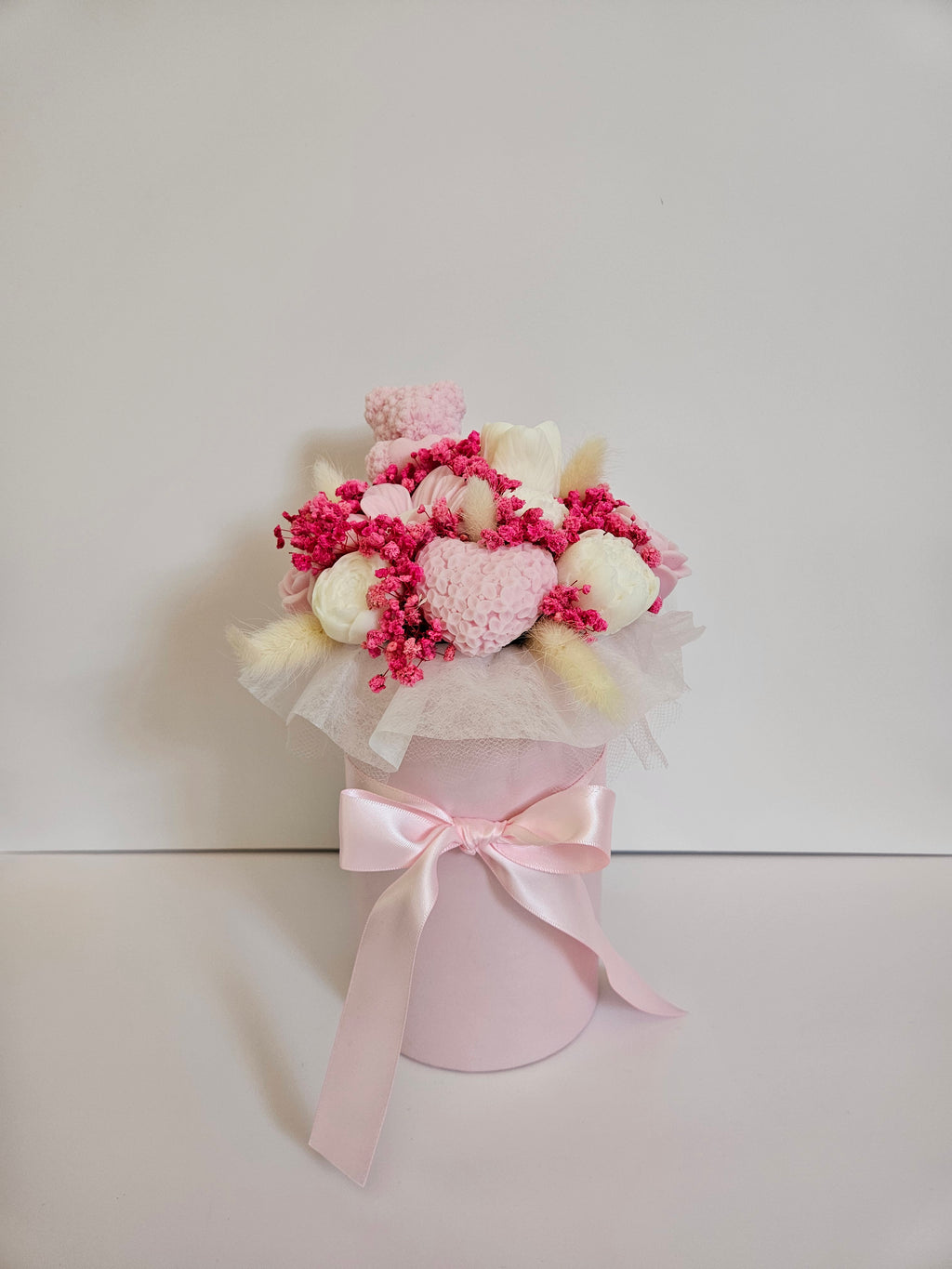 Pastel pink teddy bear candle flower box - Size S