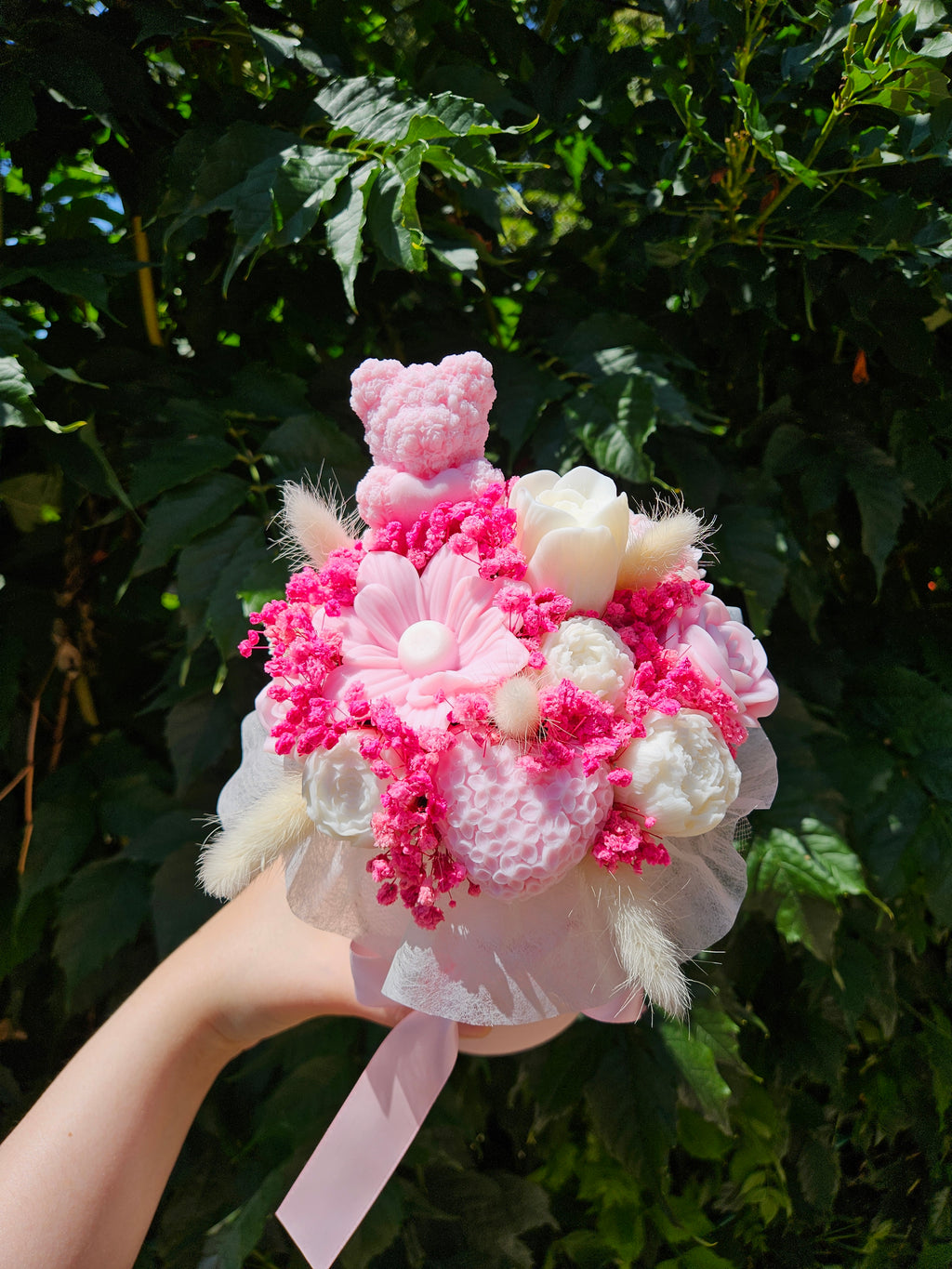 Pastel pink teddy bear candle flower box - Size S