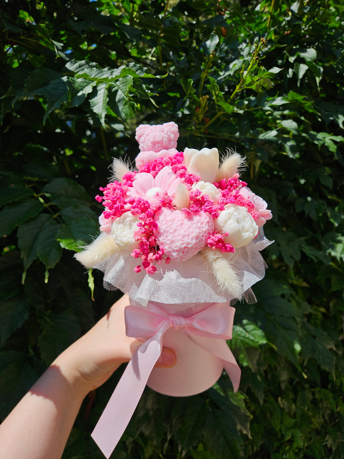Pastel pink teddy bear candle flower box - Size S