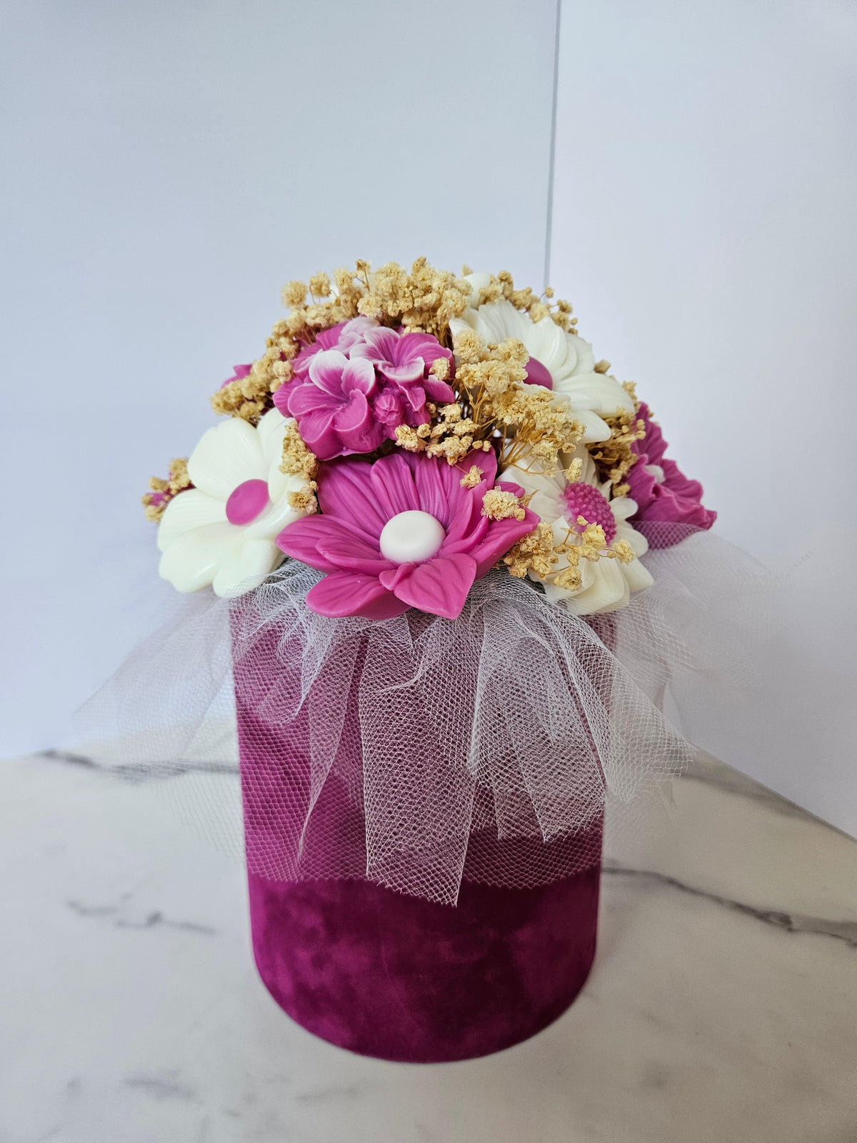 Pink velvet flower box candle bouquet - Size M