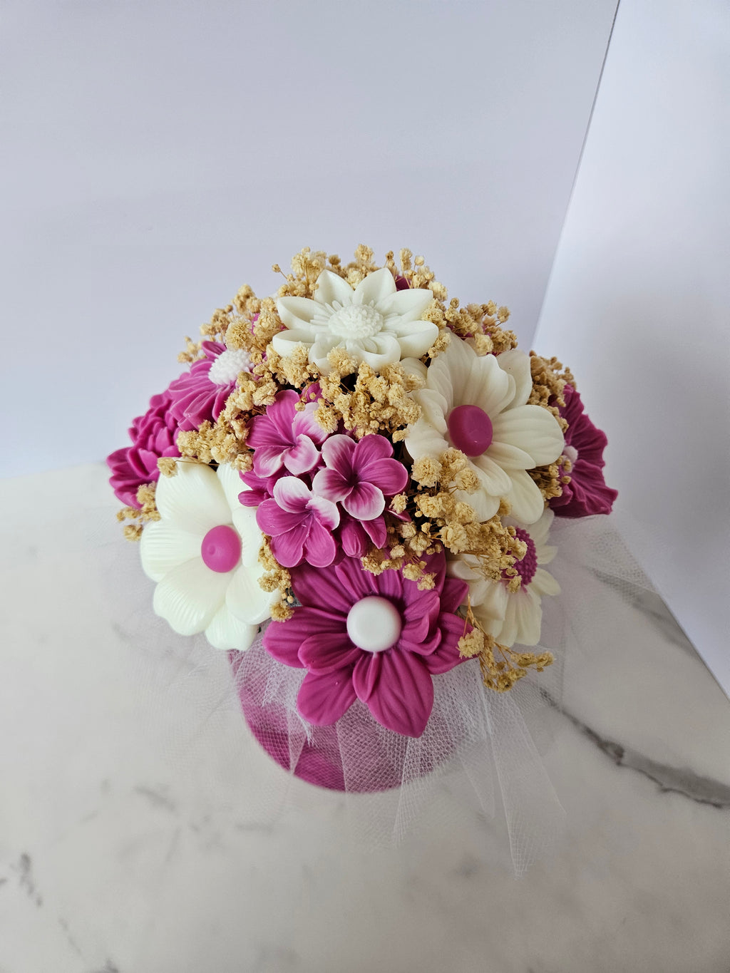 Pink velvet flower box candle bouquet - Size M
