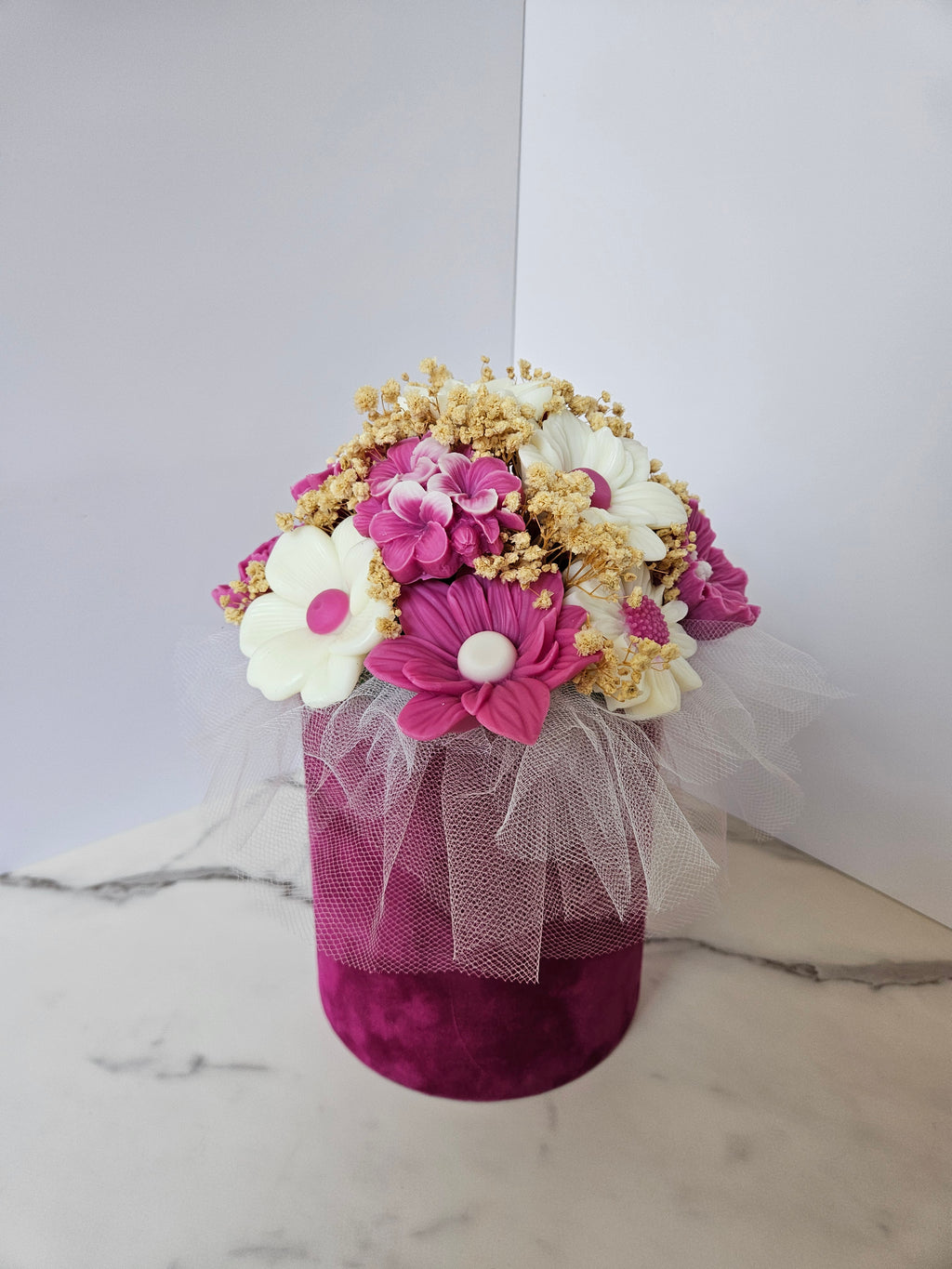 Pink velvet flower box candle bouquet - Size M