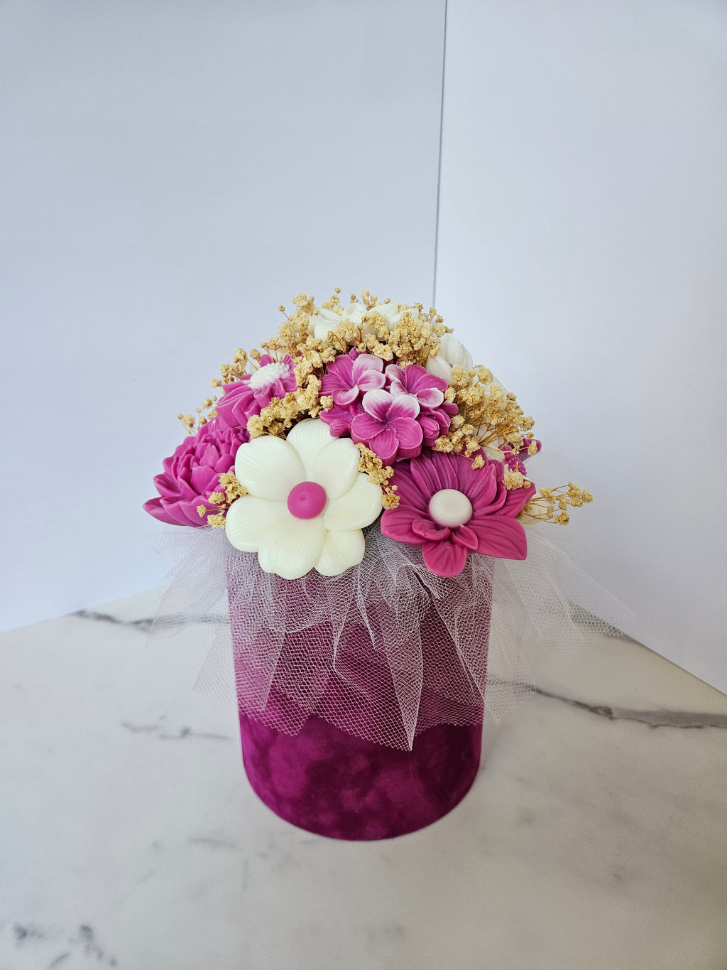 Pink velvet flower box candle bouquet - Size M