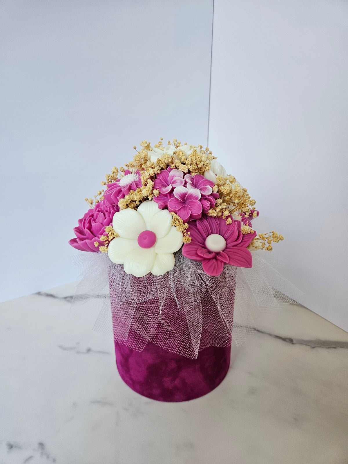 Pink velvet flower box candle bouquet - Size M
