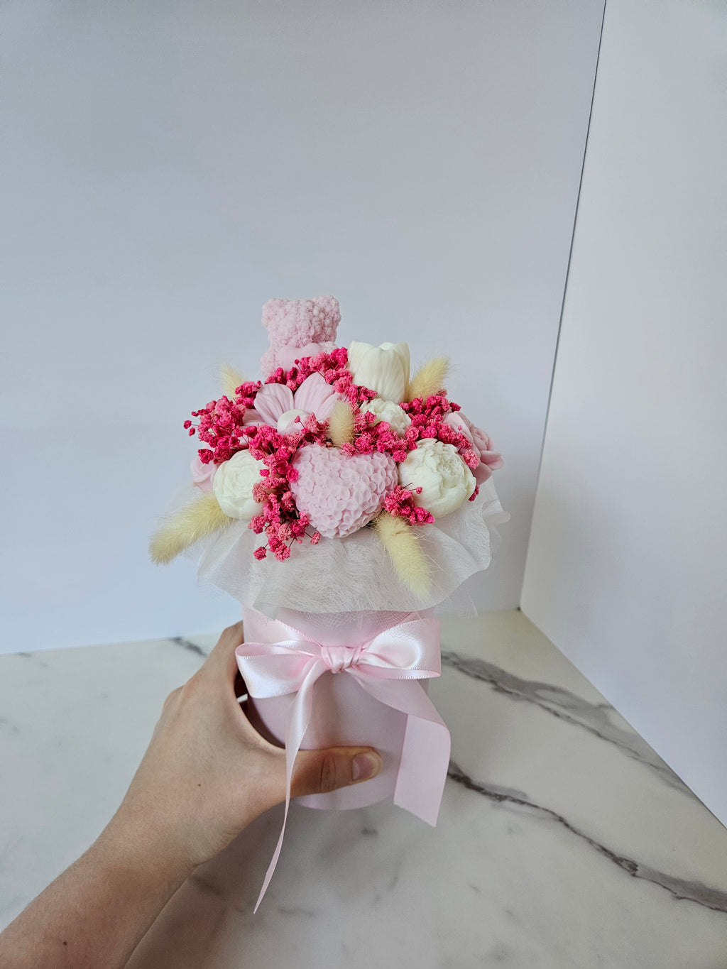 Pastel pink teddy bear candle flower box - Size S