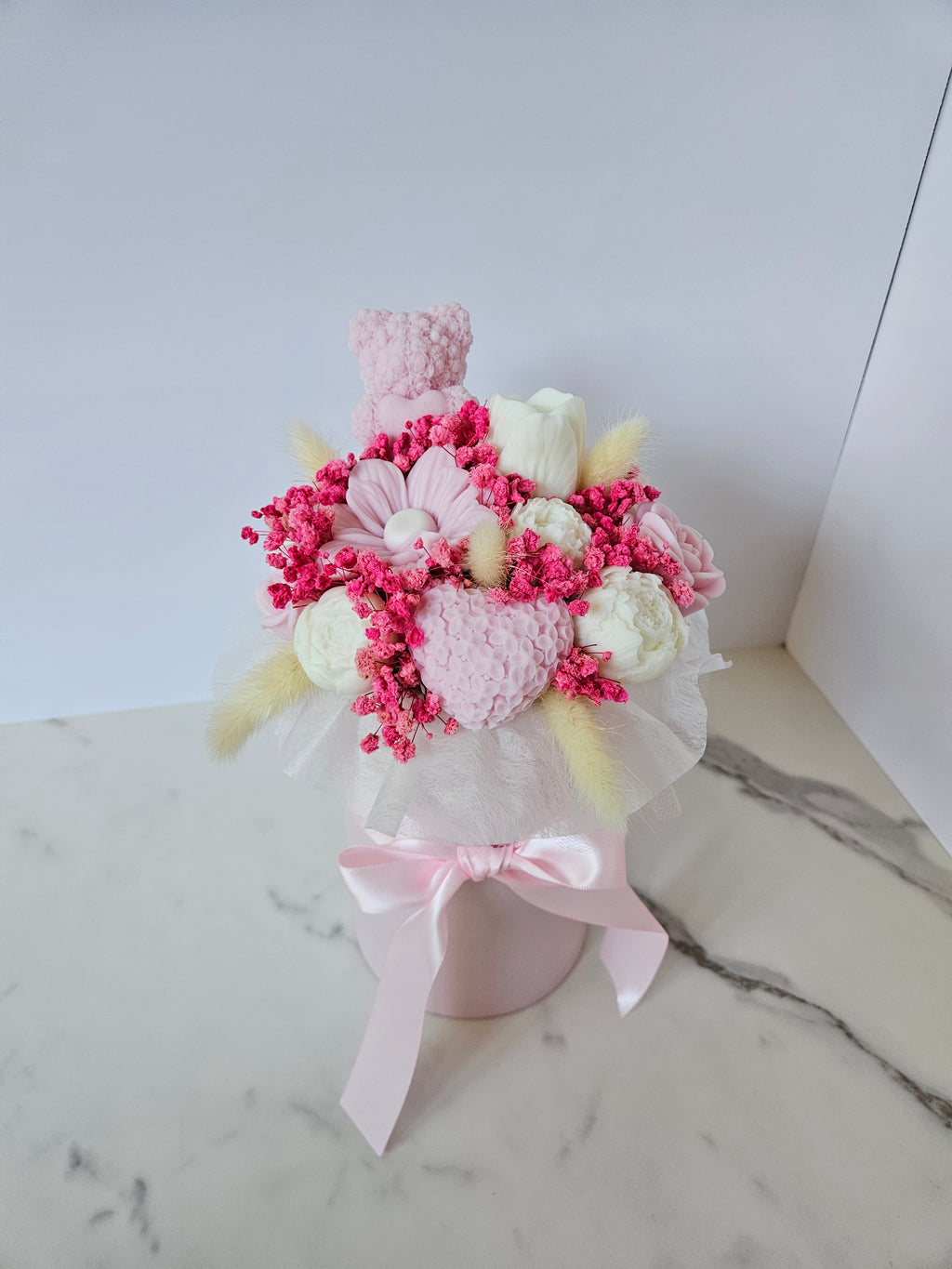 Pastel pink teddy bear candle flower box - Size S