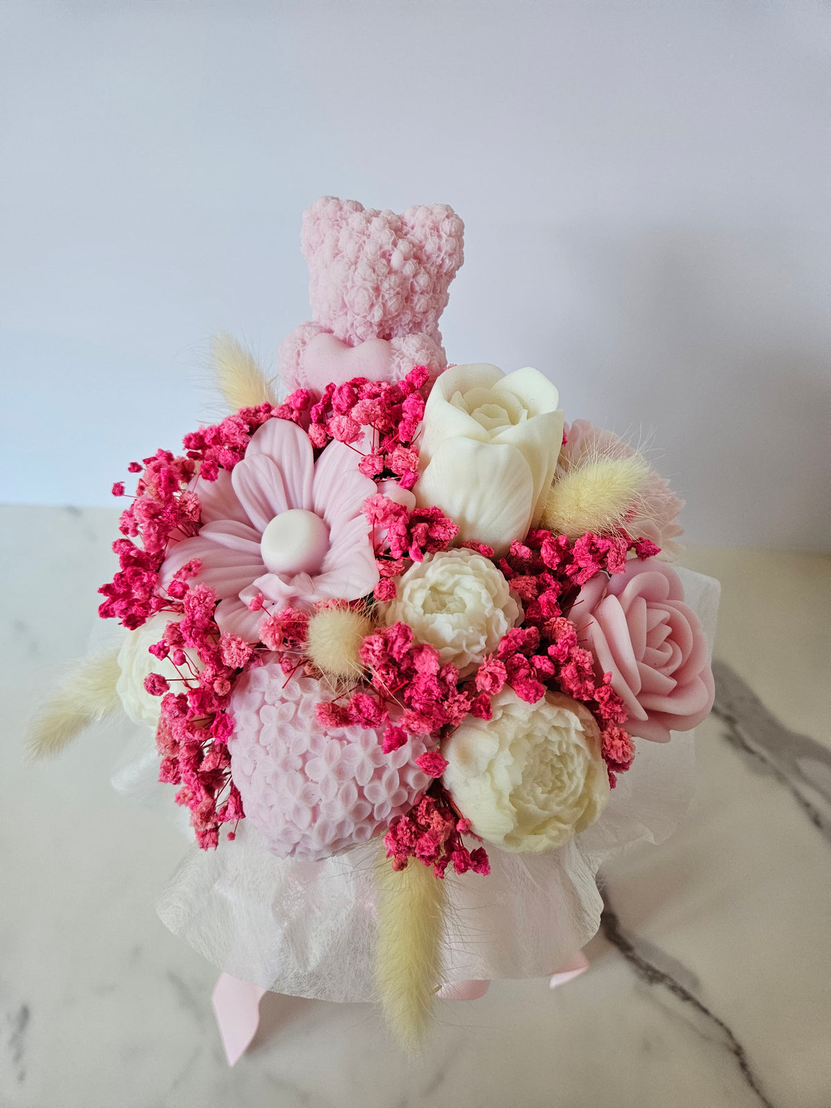 Pastel pink teddy bear candle flower box - Size S