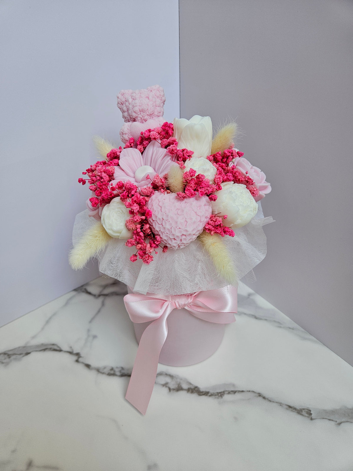Pastel pink teddy bear candle flower box - Size S