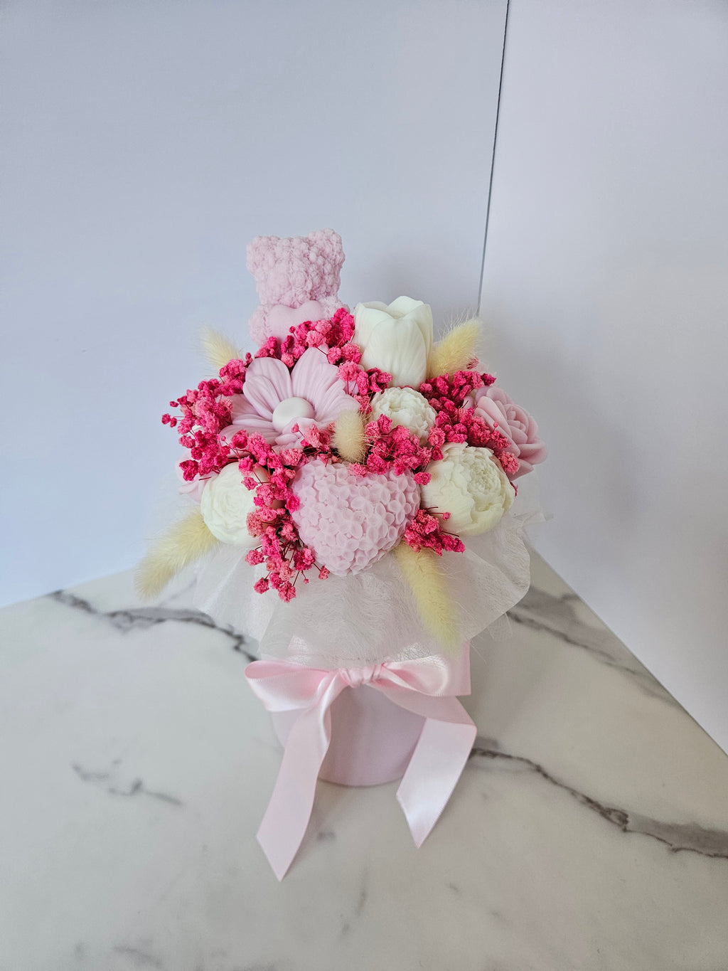 Pastel pink teddy bear candle flower box - Size S