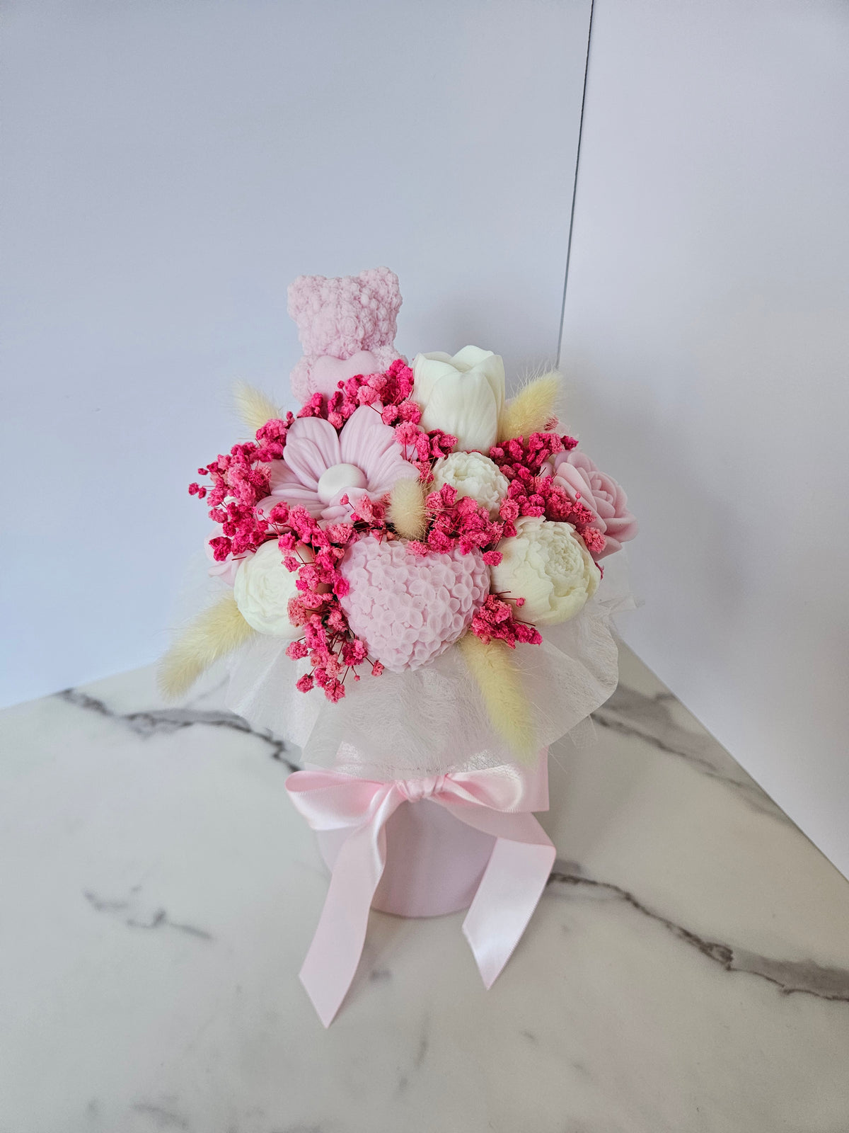 Pastel pink teddy bear candle flower box - Size S