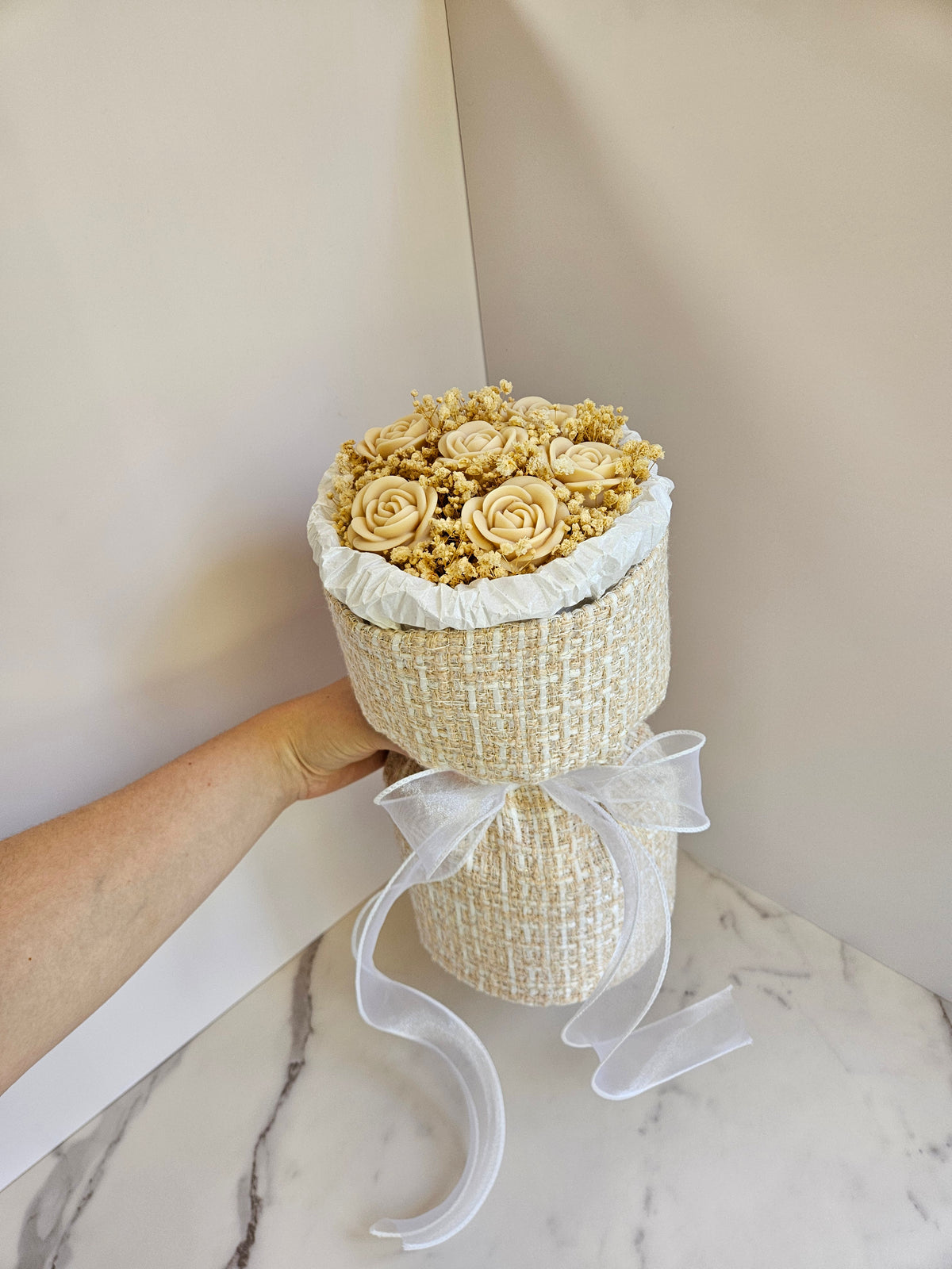 Beige Tweed Candle Bouquet - Size M